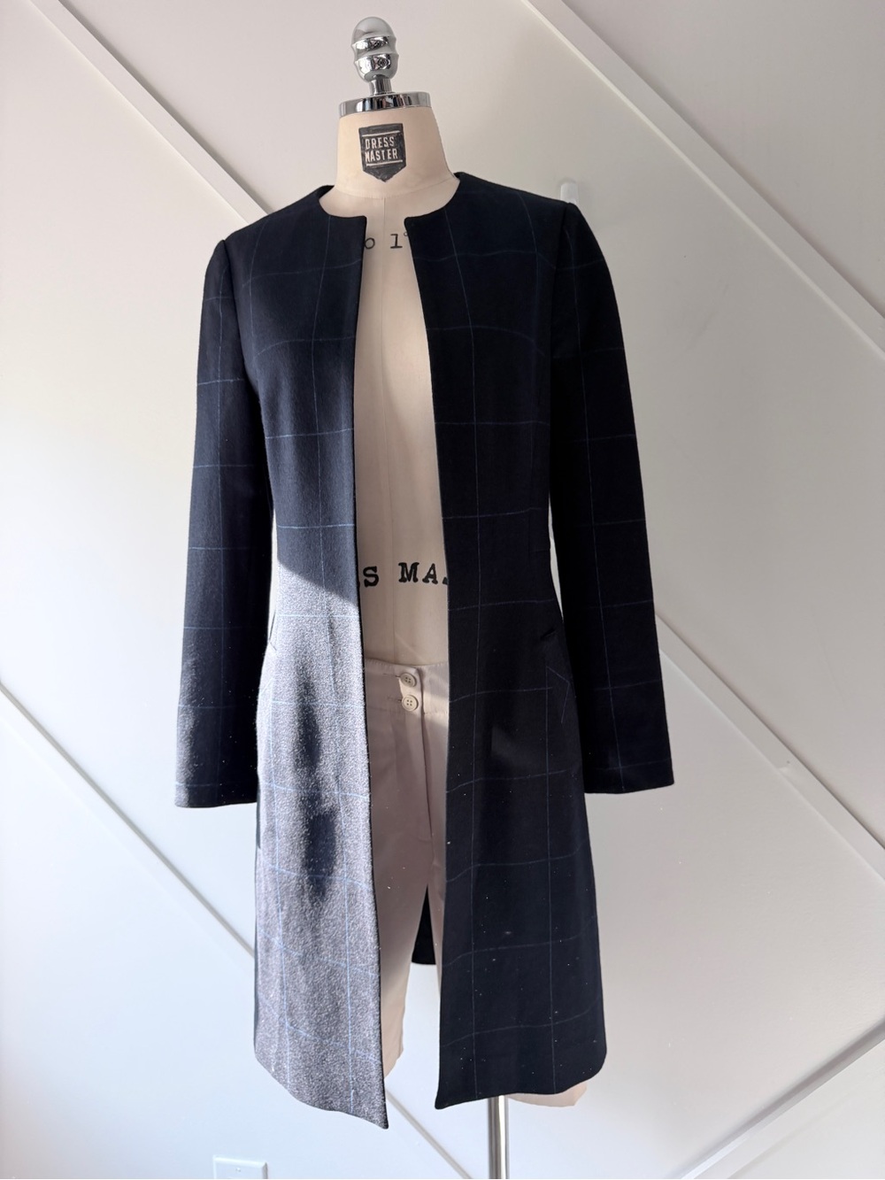 Judith & Charles Wool Cotton Blend Windowpane Long Coat Jacket Black Size 2